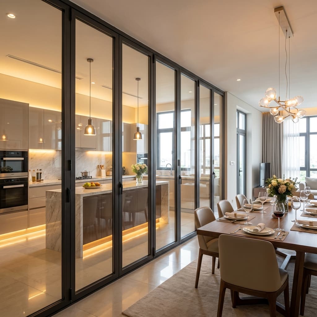 Open-Plan Culinary Space with Glass Partitions