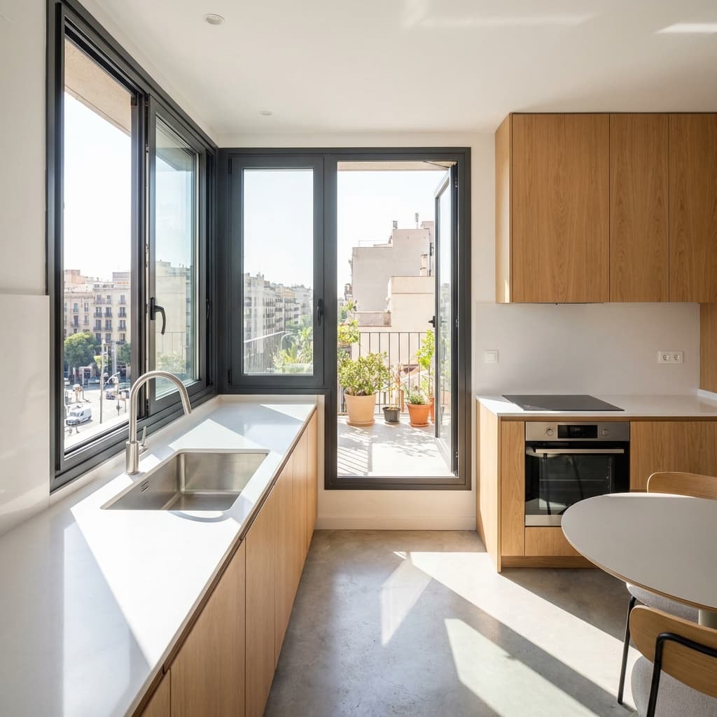 Modern Studio Kitchen with Space-Saving Sliders