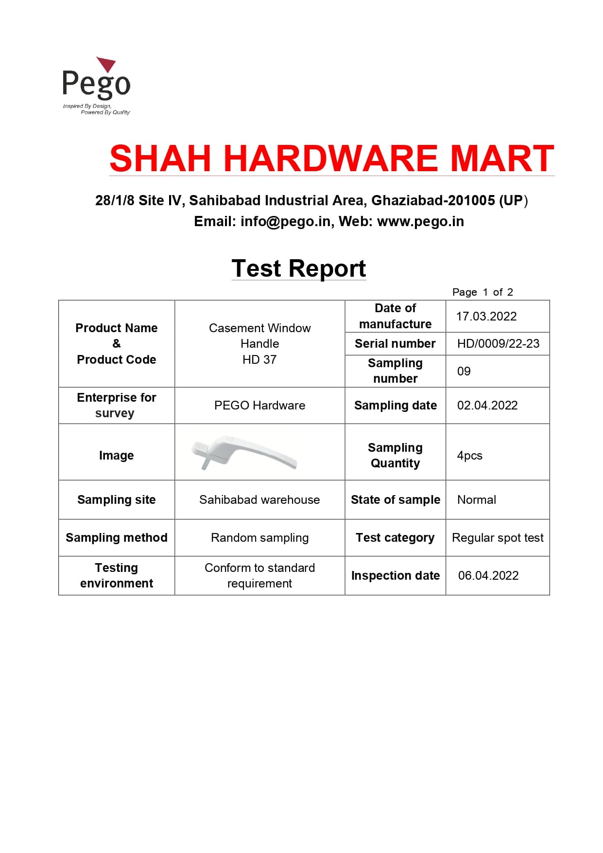 Casement Window Handle Test Report