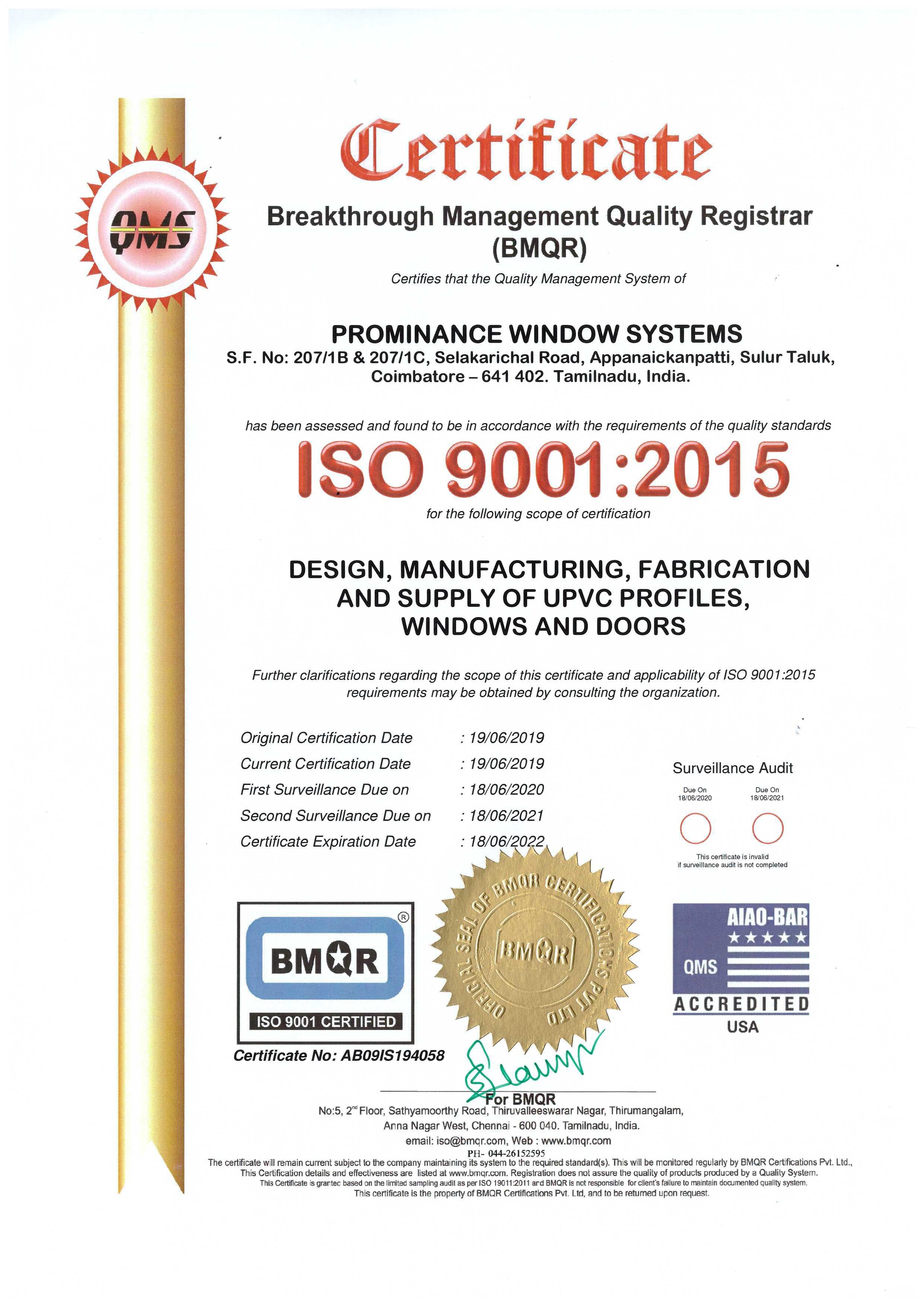 UPVC Windows System ISO 9001 2015 Certificate